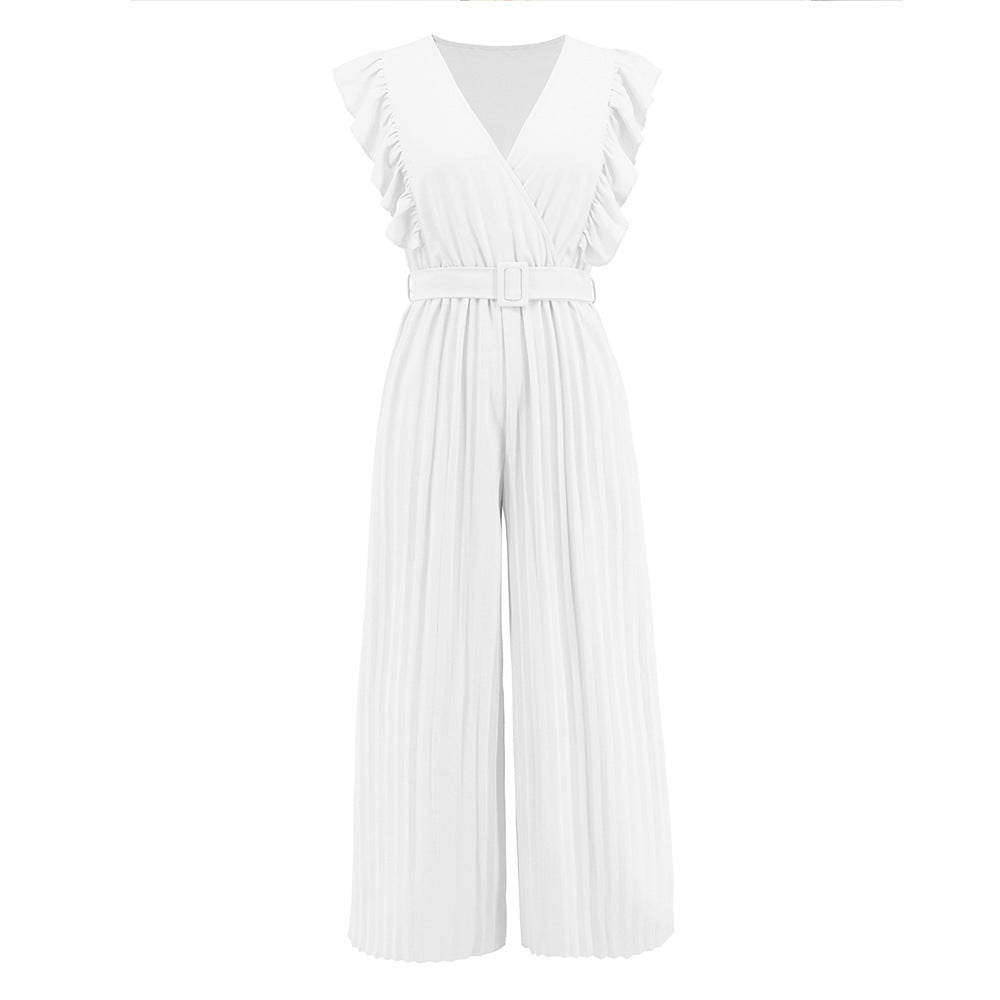 Sexy Slim Jumpsuit High Waist Sleeveless Lotus Leaf V neck Pleated Wide Leg Skort Women