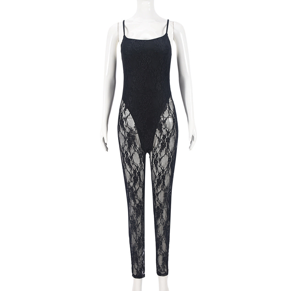 Sexy Fall Women Clothing Sling Stitching Sheer Cutout High Elasticity Jumpsuit