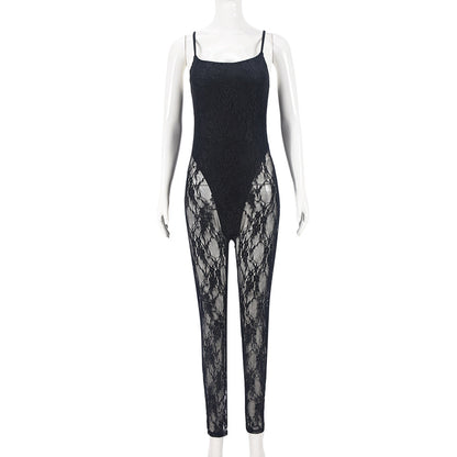 Sexy Fall Women Clothing Sling Stitching Sheer Cutout High Elasticity Jumpsuit