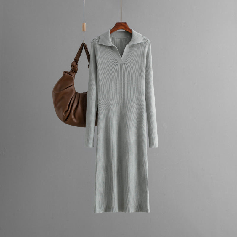 Long Autumn Winter Dress Polo Collar Knitted Solid Color Slim Fit Slimming Base dress Women Clothing