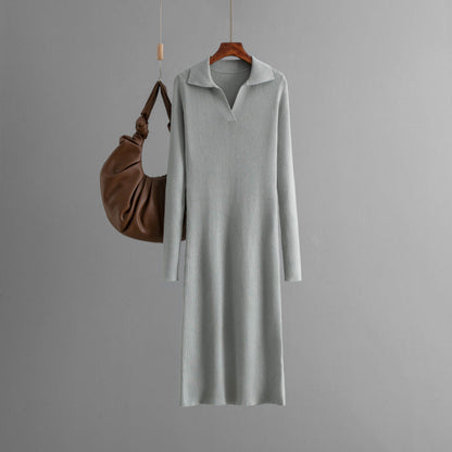 Long Autumn Winter Dress Polo Collar Knitted Solid Color Slim Fit Slimming Base dress Women Clothing