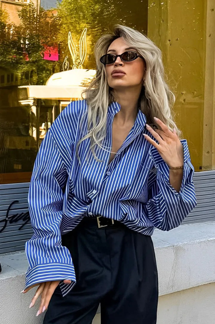 Blusa suelta de manga larga con rayas de patchwork