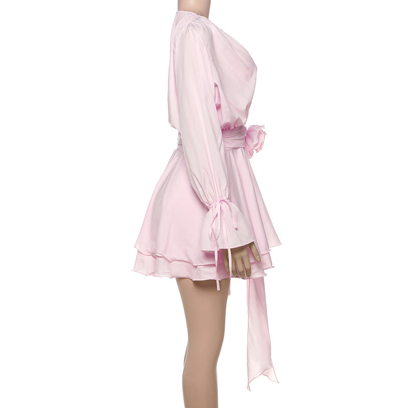 Solid Color Long Sleeve V-Neck Lace-Up Elegant Flower Decorated Mini Dress