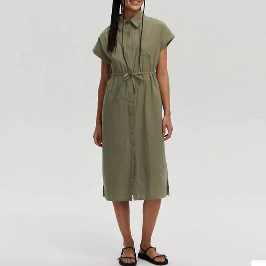 Women Clothes Collared Loose Long Shirt Dress Single Breasted Waist Dress