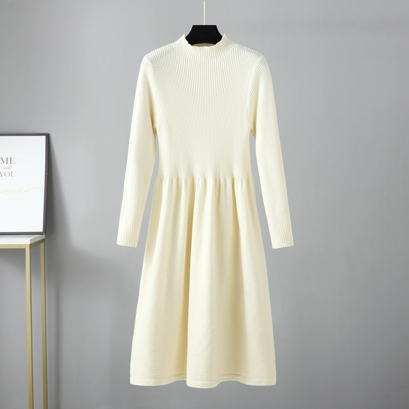 Half Turtleneck Knitted Dress Autumn Winter Long Sleeve Waist Controlled Base Slim Black Woolen Women