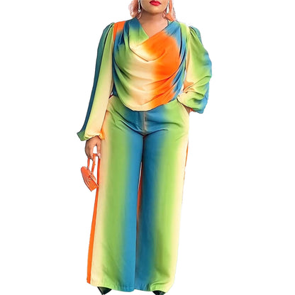 Lantern Sleeve Non Positioning Printing Swing Collar Wide Leg Pants Sets