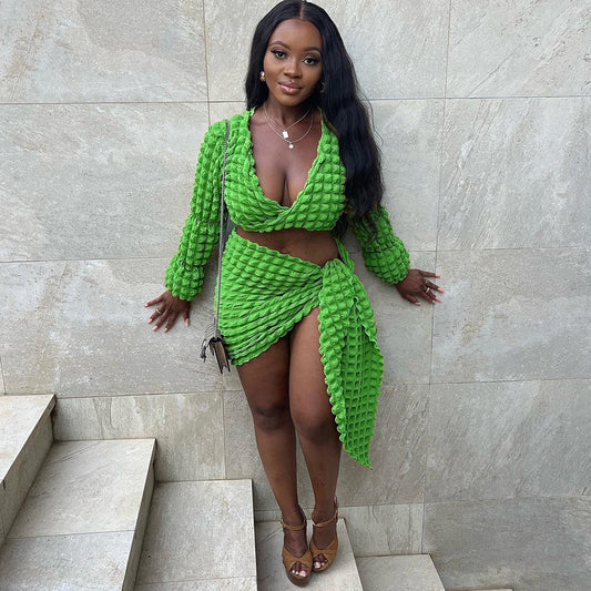 Women Streetwear Hollow Out Cutout Out cropped Bubble Set Rope Long Sleeve Short Dress Two Piece Set