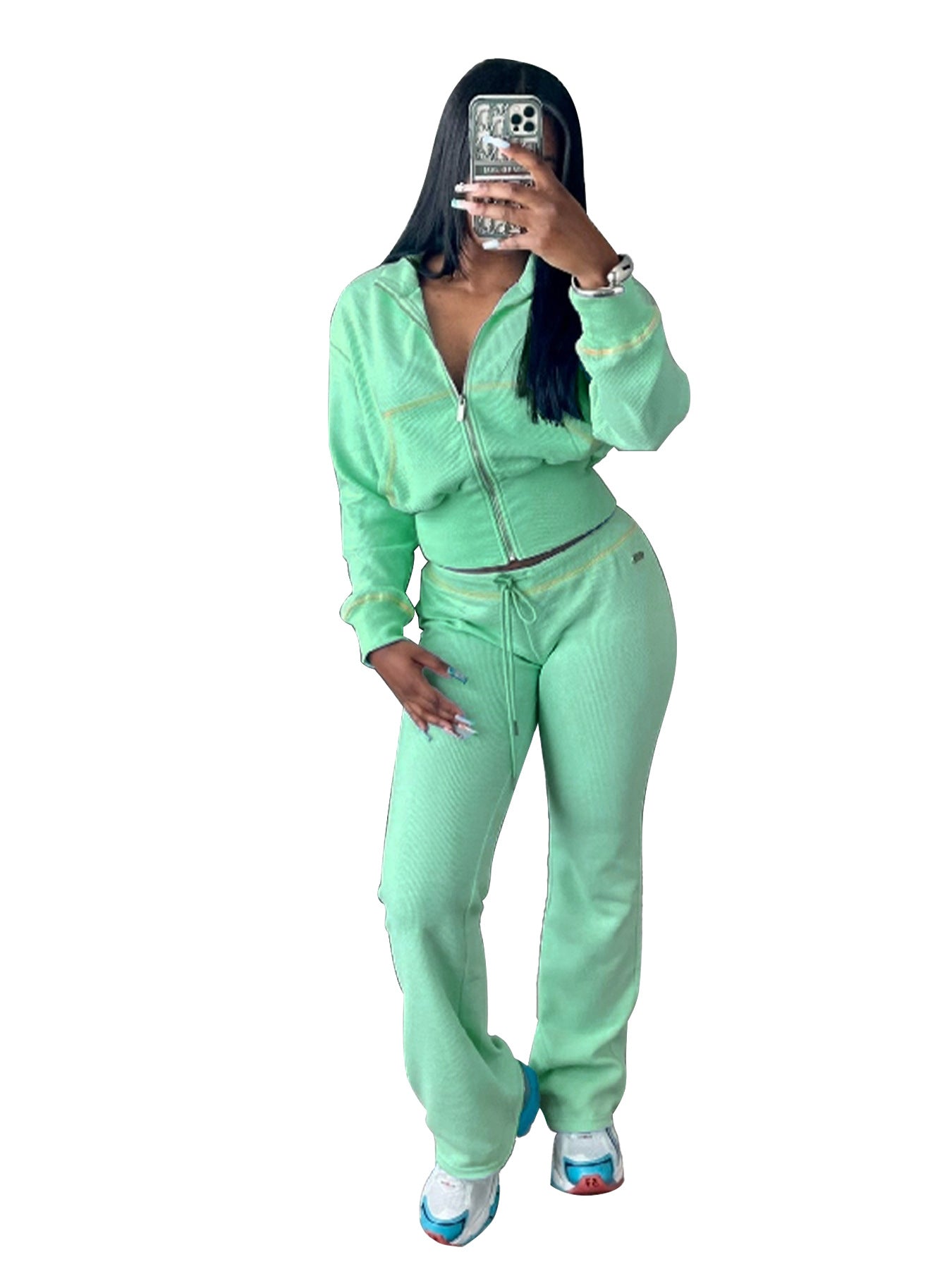 Casual Women Wear Waffle Waist Controlled Long Sleeves Two Piece Sets