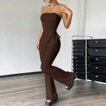 Women Clothing Sexy Street Spring Summer Tube Top Trousers Two Piece Set