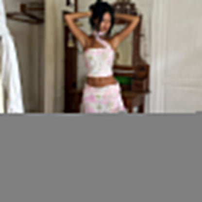 Women Clothing Spring/Summer Fresh Street Halterneck Vest Short Hip Hugger Printed Dress Two Piece Set