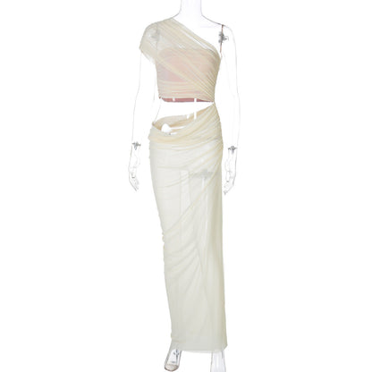 Women Clothing Spring Summer Mesh Stitching Tube Top Top Side Hollow Out Cutout Dress