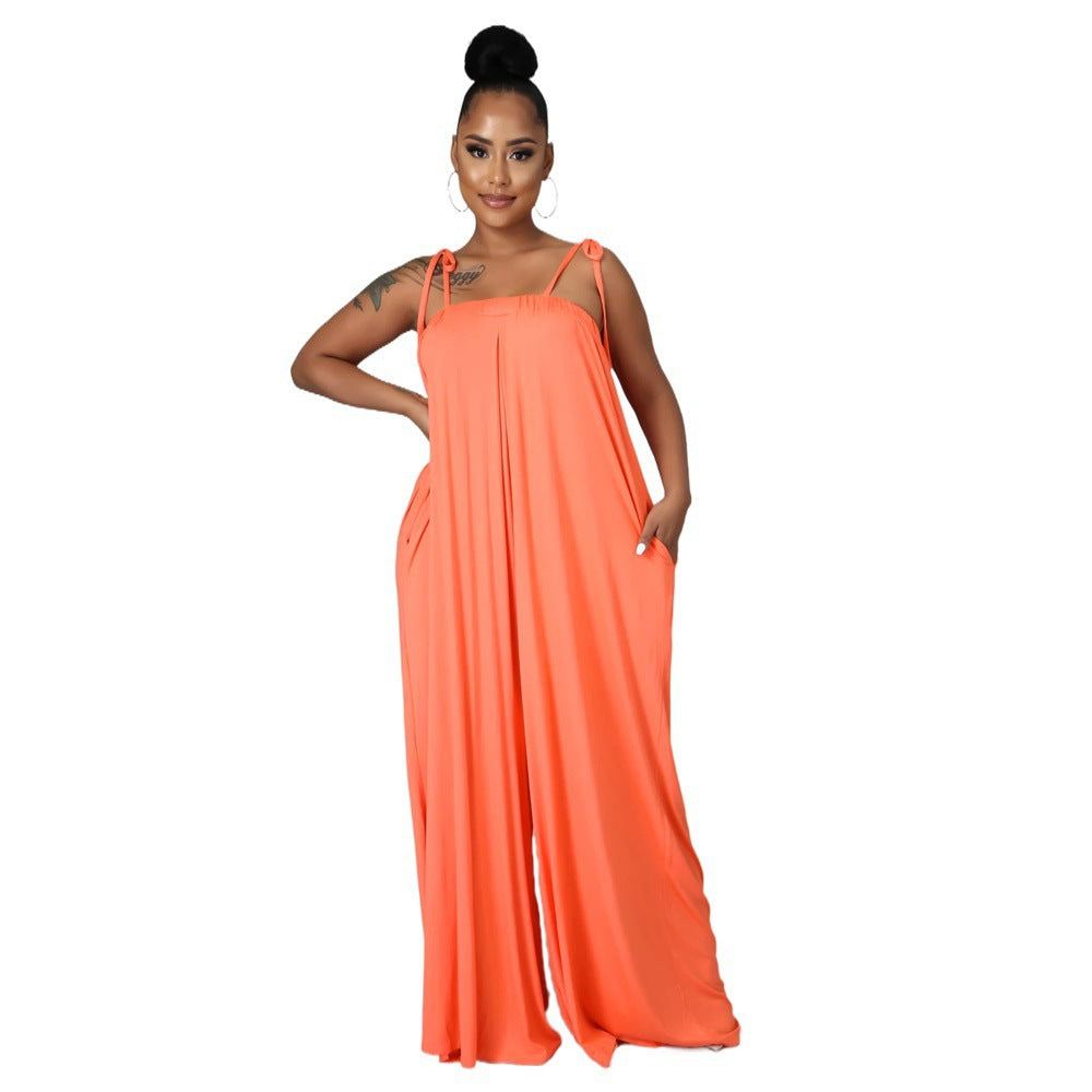 Solid Color Summer Sleeveless Waist Wrapped Chest Loose Wide Leg Women Jumpsuit