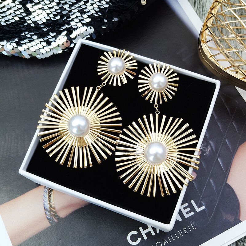 Beaded Double Geometric Pattern Drop Earrings