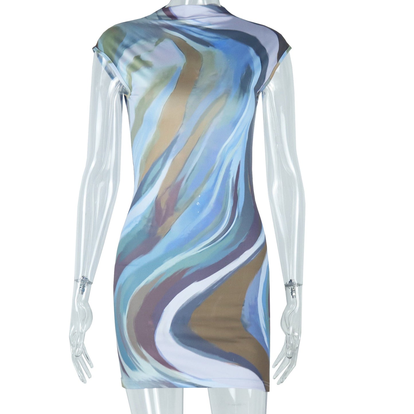 Elegant Women Printed Painted Backless Slim Fit Figure Flattering Hip Turtleneck Short Sleeveless Dress