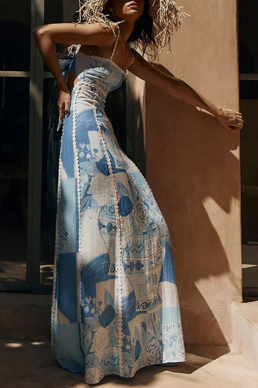 Terazza Ric Rac Linen Trims Unique Print Back Tie-up Slip Flared Linen Maxi Dress