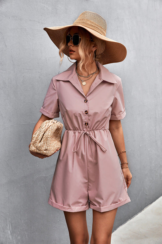 Spring Summer Popular Shirt Collar Short Sleeve Lace-up Romper