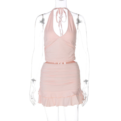 Sexy V neck Hollow Out Cutout out Halter Vest Tight Ultra Short Solid Color Stringy Selvedge Skirt Outfit Two Piece Set