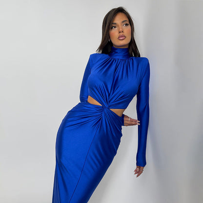 Half High Collar Long Sleeves Stitching Dress Women Sexy Backless Pleated Dress Winter
