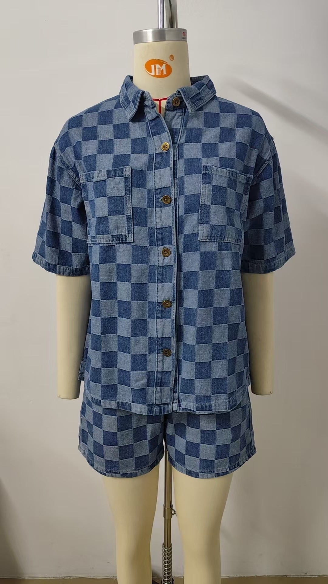 Women Summer Thin Washed Casual Loose Denim Plaid Shirt Short Sleeve Sets