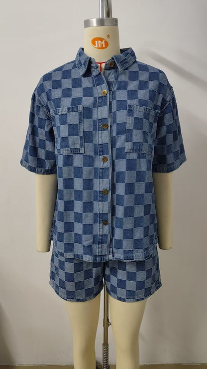 Women Summer Thin Washed Casual Loose Denim Plaid Shirt Short Sleeve Sets