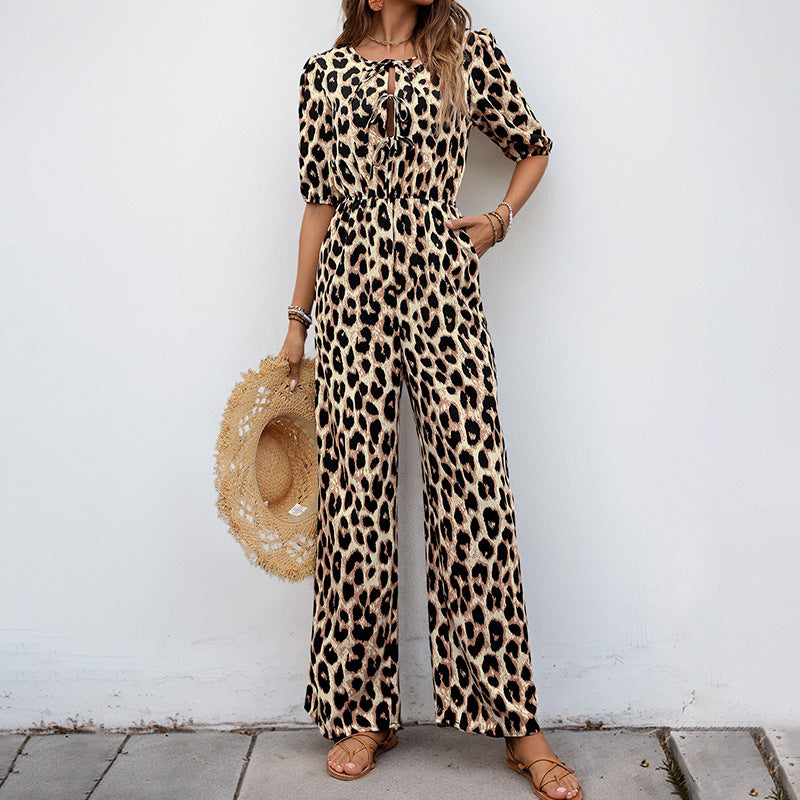 Summer Jumpsuit Tied High Waist Leopard Print Jumpsuit