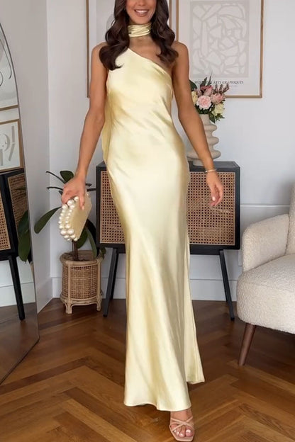 Milk white sexy party dress elegant satin one shoulder scarf long skirt