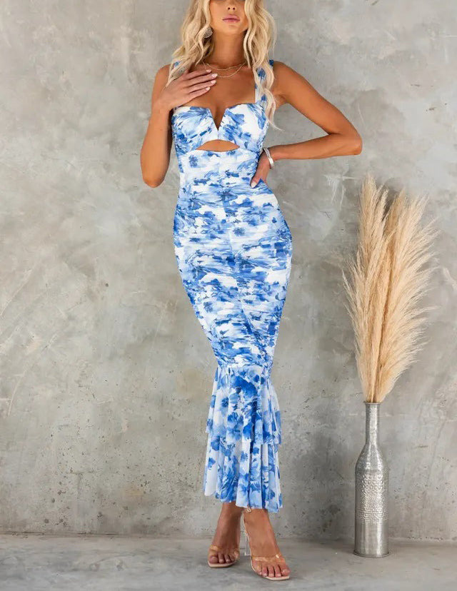 Styled To Perfection Floral Ruched Mesh Overlay Ruffle Hem Maxi Dress