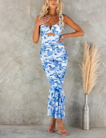 Styled To Perfection Floral Ruched Mesh Overlay Ruffle Hem Maxi Dress