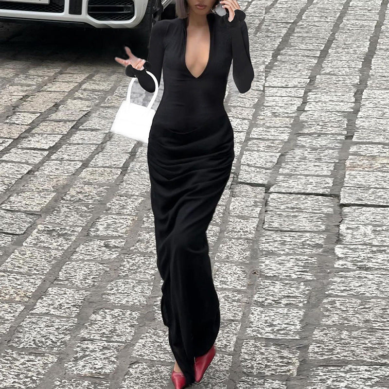 Women Clothing Sexy Deep V Plunge Long Sleeve Solid Color Sexy Double Stitching Pleated Maxi Dress