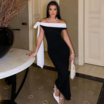 Women Clothing Autumn Winter Fashionable off Shoulder Ribbon Slim Solid Color Dress