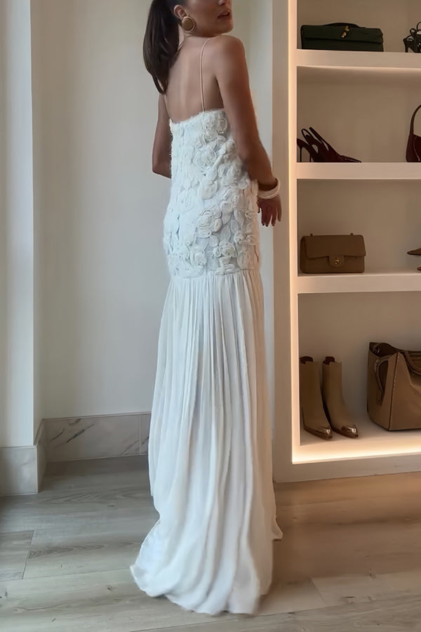 Indulge in Floral Applique Pleated Chiffon Hem Slip Maxi Dress