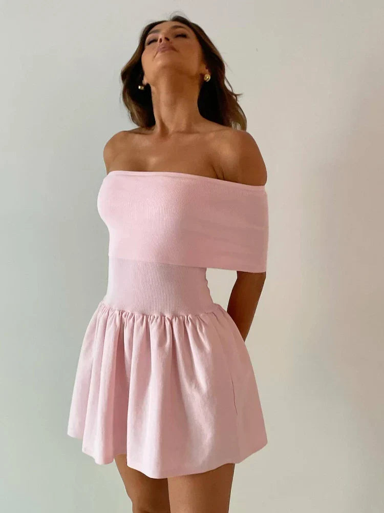 Off Shoulder Knit Summer Strapless Pink Draped Wedding Party Mini Dress