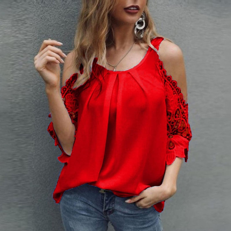 DressBetty - Off Shoulder Lace Blouse Women Summer Tops White Black Blouses O-Neck Solid Loose 5XL Clothes