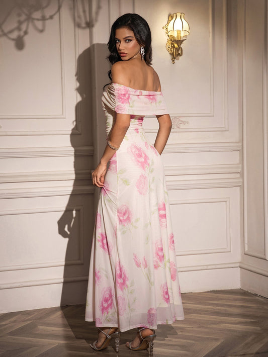 Off Shoulder Ruched Floral Print Dress