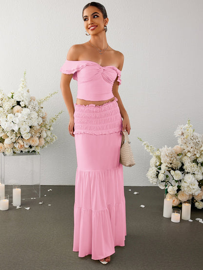 Off Shoulder Ruched Twist Front Top&Ruffle Low Waist Skirt