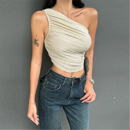 Off Shoulder Shiny Silk Pleated Tank Top Summer Crop Top Irregular Women’s Sexy Club Sleeveless Camisole