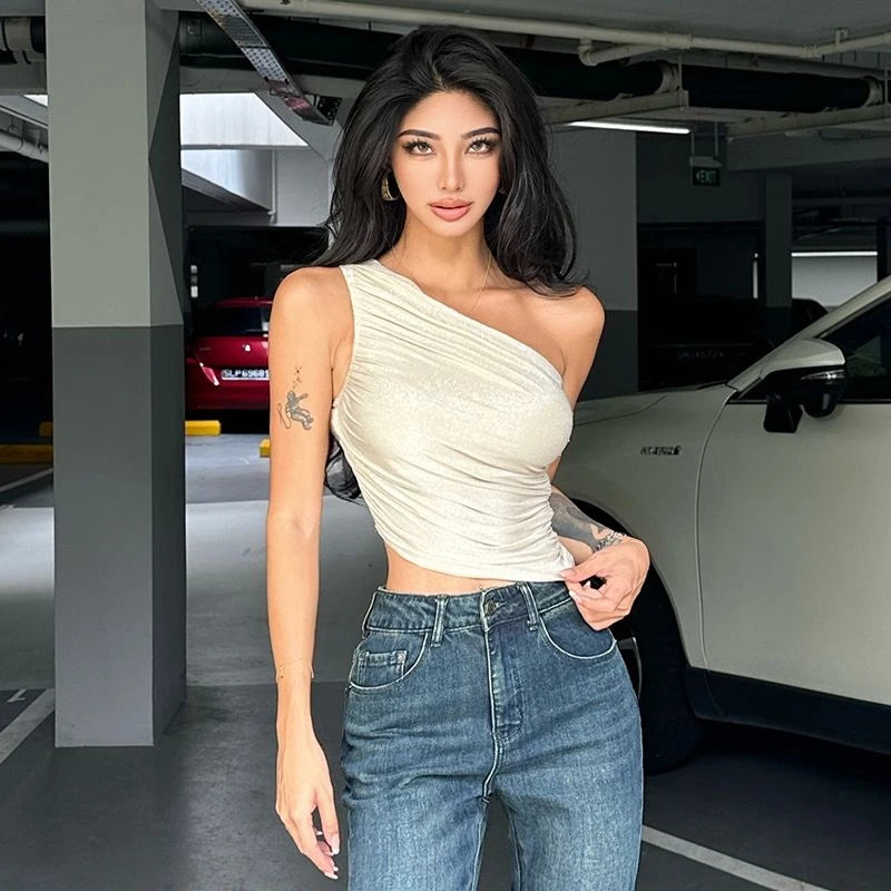 Off Shoulder Shiny Silk Pleated Tank Top Summer Crop Top Irregular Women’s Sexy Club Sleeveless Camisole