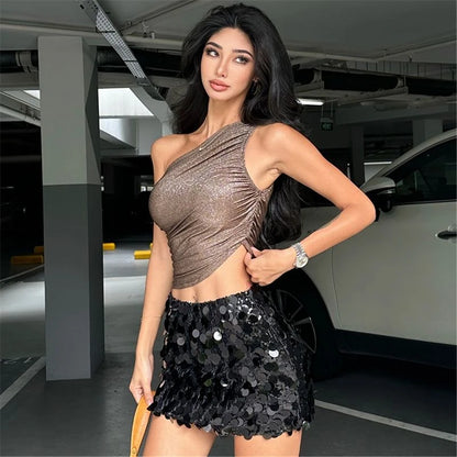 Off Shoulder Shiny Silk Pleated Tank Top Summer Crop Top Irregular Women’s Sexy Club Sleeveless Camisole