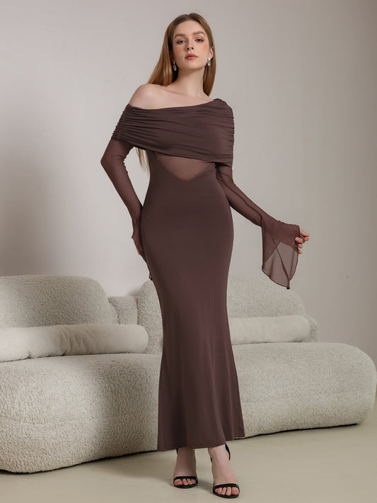 One Shoulder Spliced Ruched Trim Mermaid Mesh Dress