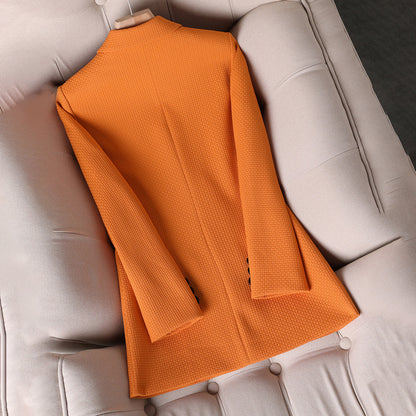 Women's Chic Orange Buttoned Pocket Blazer with Textured Fabric | For Everyday Wear