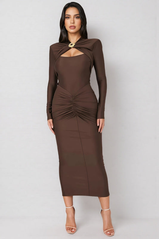 Tiana Cut Out Long Sleeve Ruched Midi Dress