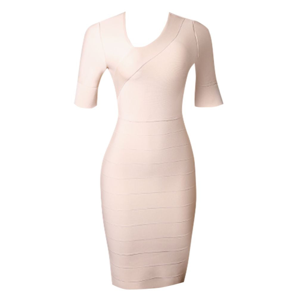 V Neck Short Sleeve Striped Midi Bandage Dress PZC1693