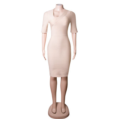 V Neck Short Sleeve Striped Midi Bandage Dress PZC1693
