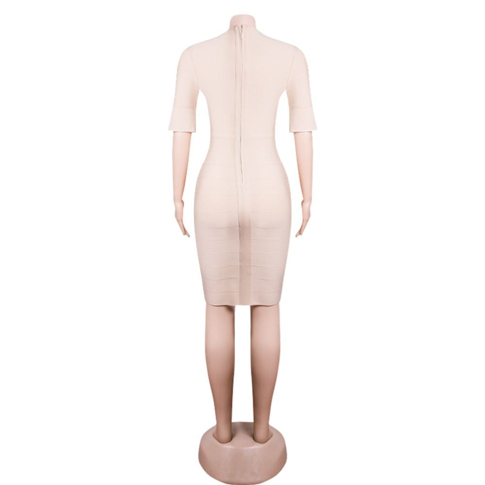 V Neck Short Sleeve Striped Midi Bandage Dress PZC1693
