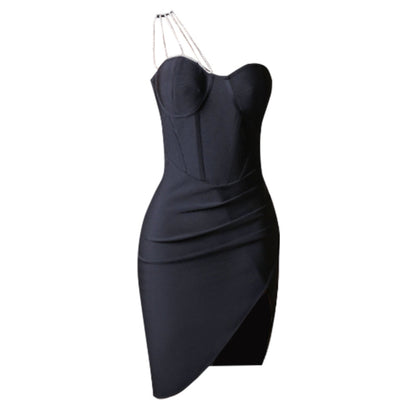 One Shoulder Sleeveless Drill Chain Midi Bandage Dress PZC1757