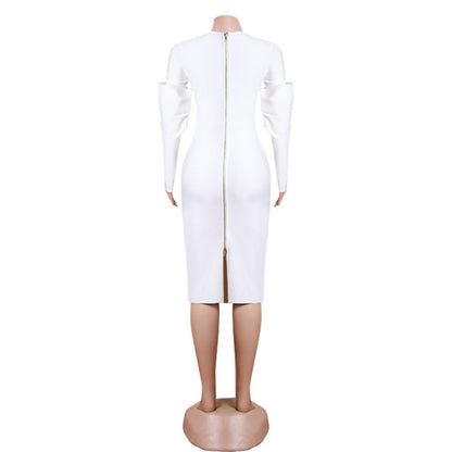 Round Neck Long Sleeve Midi Frill Bandage Dress PZL3001