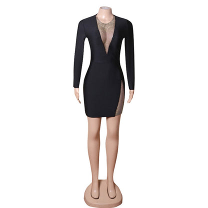 Round Neck Long Sleeve Mini Rhinestone Bandage Dress PZL3002