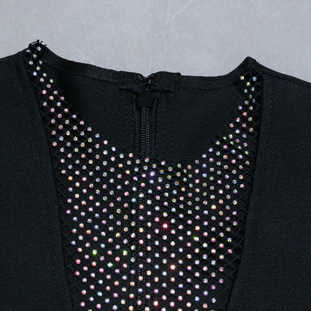 Round Neck Long Sleeve Mini Rhinestone Bandage Dress PZL3002