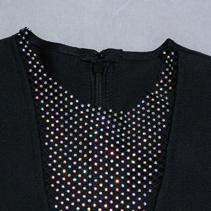 Round Neck Long Sleeve Mini Rhinestone Bandage Dress PZL3002