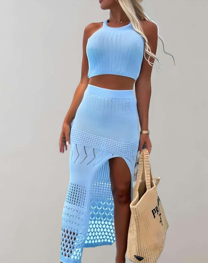 Vestido clásico de punto para mujer y falda larga de punto con abertura | Ideal para primavera/verano